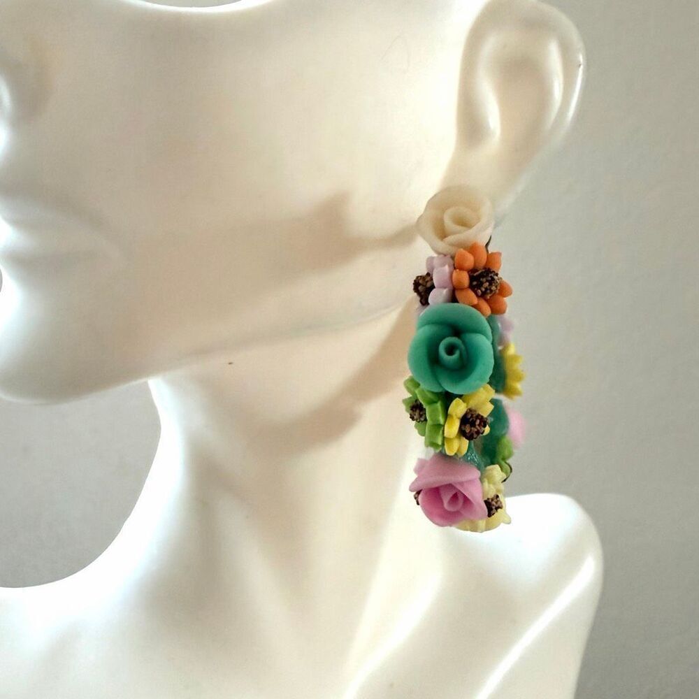 Handmade Polymer Clay Floral Hoop Earrings